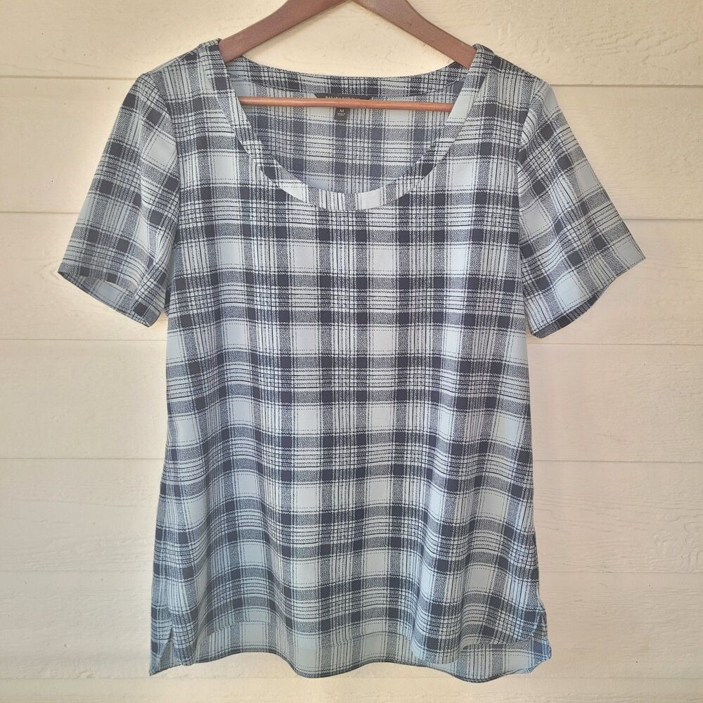 Banana Republic Women's Medium Gray & Black Plaid Short Sleeve Top Blouse Career